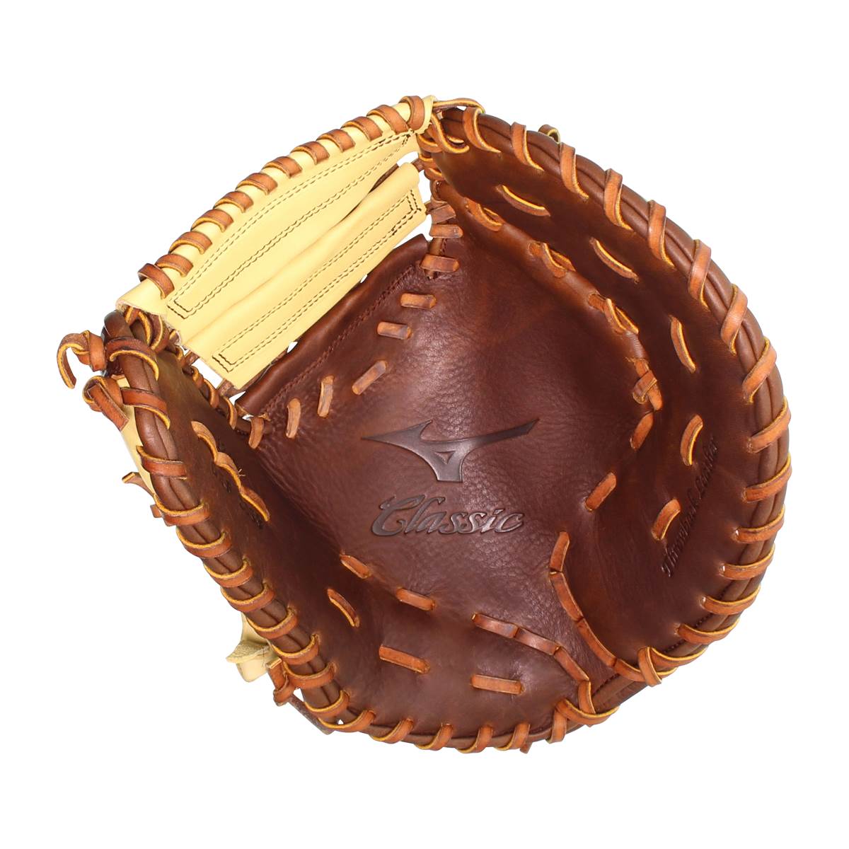 Top-down view of a brown baseball glove with a tan palm and Classic logo.