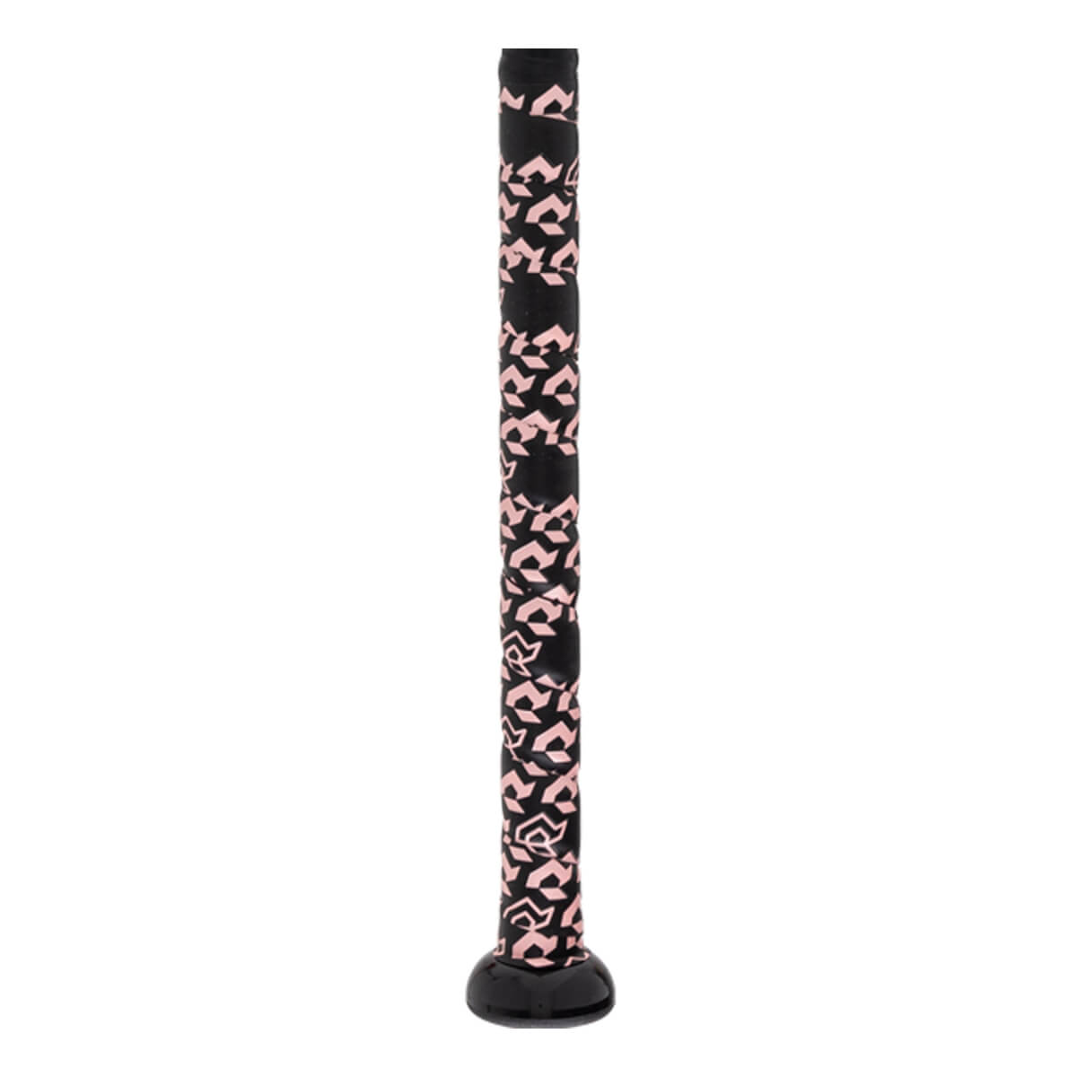 Side view of a black fastpitch softball bat handle with a pink geometric pattern grip and a black knob.