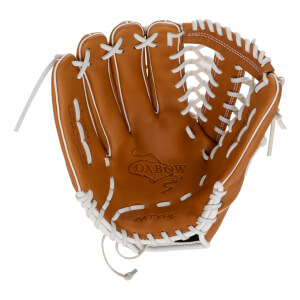 A palm view of this tan Oxbow Series baseball glove features white lacing and is stamped with the words OXBOW SERIES, MTYPE, and 13.00 INCHES.