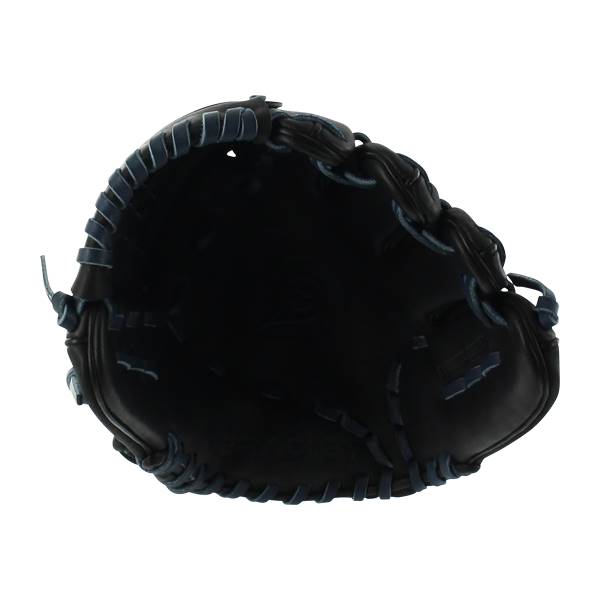 Inside view of a black baseball glove with blue stitching and lacing.