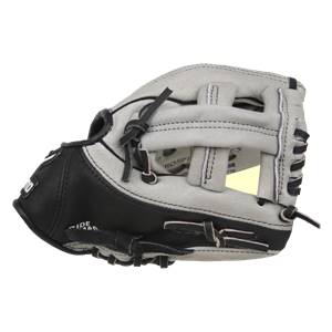 Side view of a gray and black youth baseball glove with PROSPECT SERIES text and black lacing.