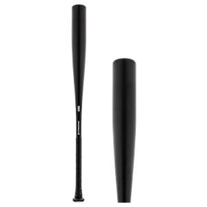 Side view of a black baseball bat with a textured grip and visible StringKing branding.
