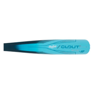 Side view of a blue baseball bat with Rawlings CLOUT -10 text and gradient lines.