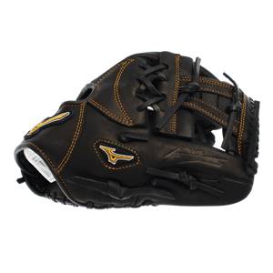 Side view of a black baseball glove with gold Mizuno logo and yellow stitching.