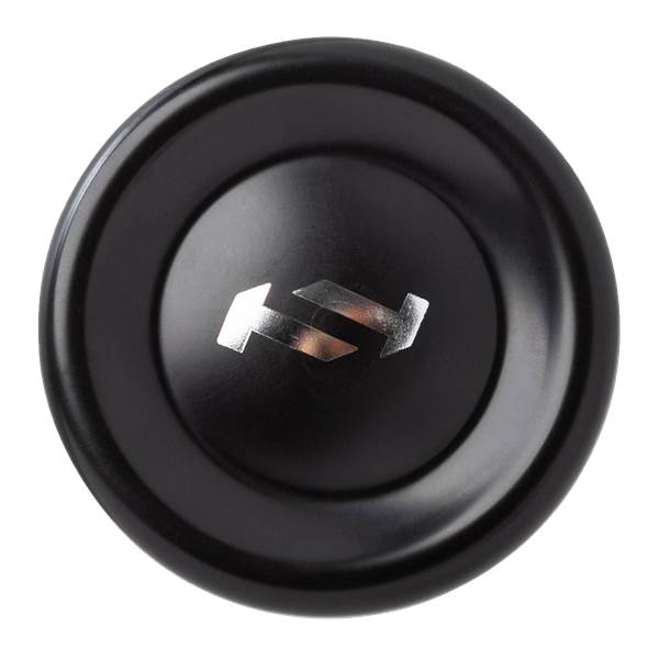 Top-down view of a black baseball bat end cap with a silver metallic TRUE TEMPER logo.