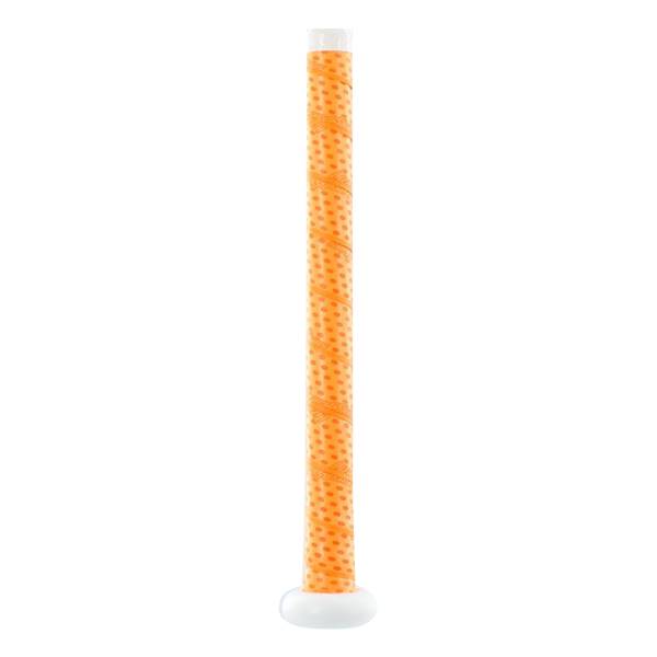 Side view of an orange fastpitch softball bat with a white end cap and textured grip.