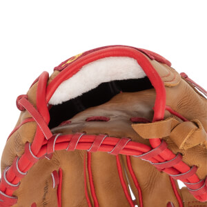 Close-up of a tan baseball glove with a white plush wrist lining and red leather lacing.