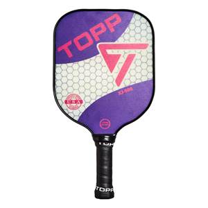 Front view of a purple pickleball paddle with a white honeycomb pattern, pink TOPP logo, and XJ-900 text.