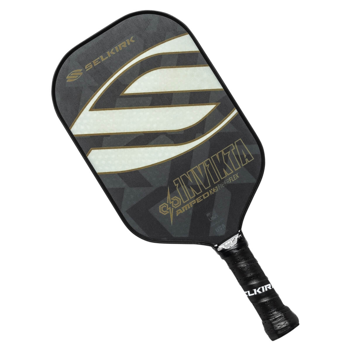 Top-down view of a black pickleball paddle with white stripes and INV IKTA text.