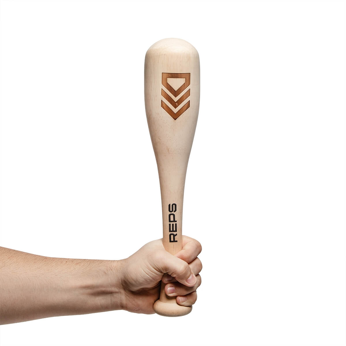 Hand holding a wooden mallet for breaking in gloves. It features a chevron logo and REPS printed on the handle.