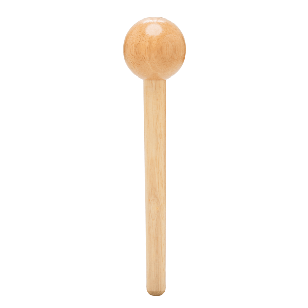 Front view of a wooden handle with a smooth spherical end.