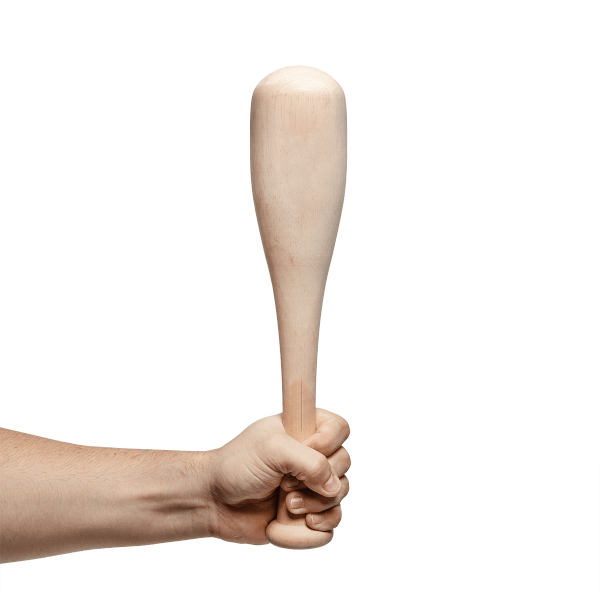 Hand holding a wooden mallet for breaking in gloves. It features a chevron logo and REPS printed on the handle.