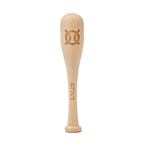 Front view of a wooden baseball bat with an engraved double circle logo and "LVJZ" text.