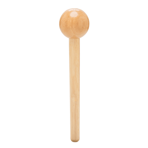 Front view of a wooden handle with a smooth spherical end.