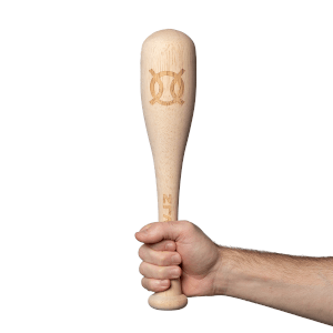 Close-up of a wooden baseball bat held in a hand, featuring a double-ring logo and "ZIFA" text.
