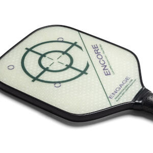 Top-down view of a white pickleball paddle with a green target design and ENCORE text.