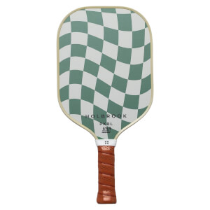 Front view of a pickleball paddle with a green and white checkered pattern, HOLBROOK PKBL USA text, and a brown grip.