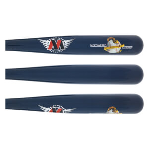 Top view of a blue baseball bat with M logo and baseball graphic.
