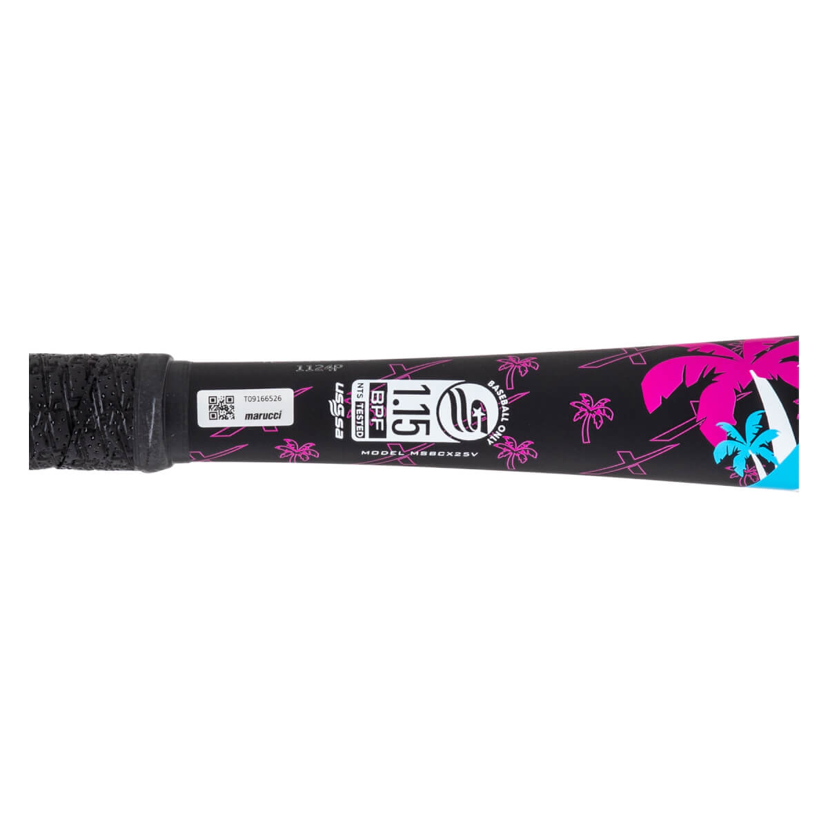 Close-up view of the handle and barrel featuring pink palm tree graphics, the 1.15 BPF USSSA certification stamp, and model MSBCX25V text on a black background.