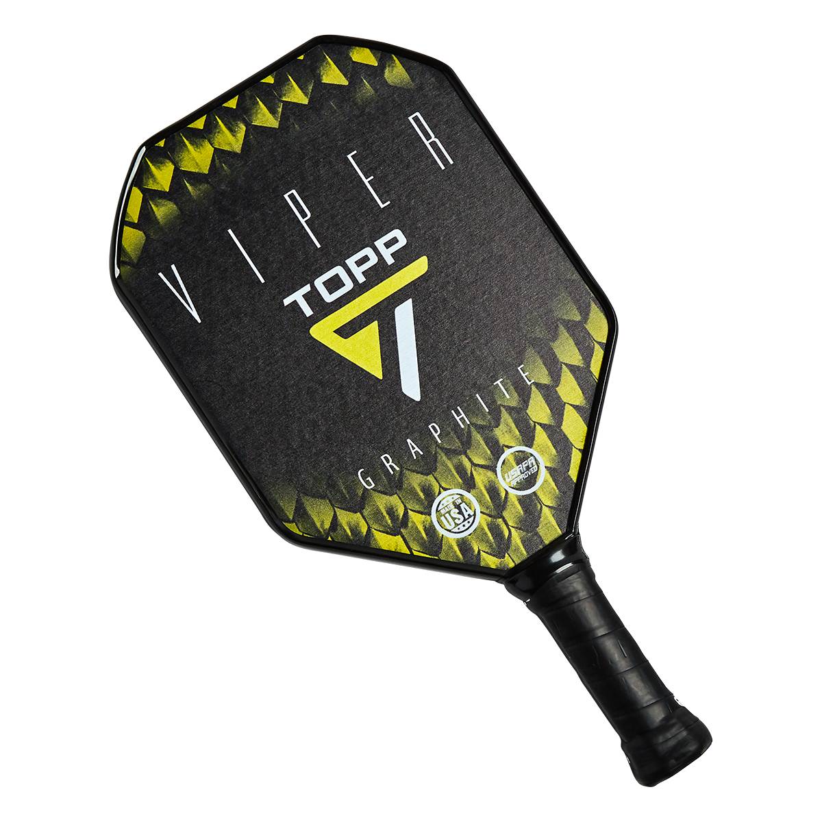 Top-down view of a black pickleball paddle with yellow accents, VIPER and TOPP text, and a textured grip.