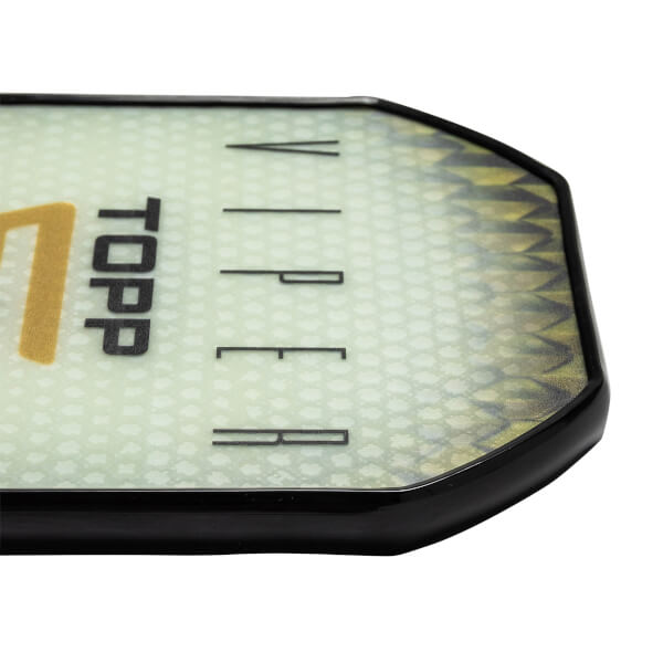 Corner view of a light green pickleball paddle with TOPP and VIPER text and a fish scale pattern.
