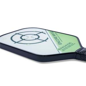 Side view of a white and green pickleball paddle with a target design and ENGAGE ENCORE MX 6.0 text.