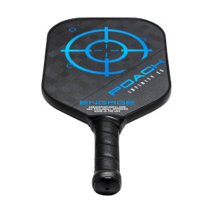 Front view of a black pickleball paddle with a blue target, POACH INFINITY EX, and ENGAGE text.