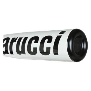 Side view of a white baseball bat with black Marucci text and a black end cap.