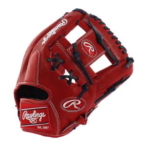 Front view of a red baseball glove with navy lacing and Rawlings branding.