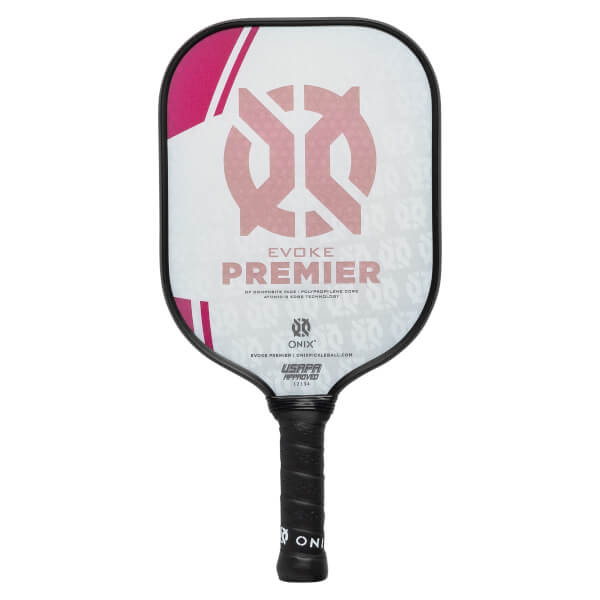 Front view of a white pickleball paddle with pink accents, a large pink logo, and EVOKE PREMIER text.