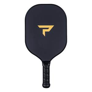 Front view of a black pickleball paddle with a yellow geometric logo and textured grip.