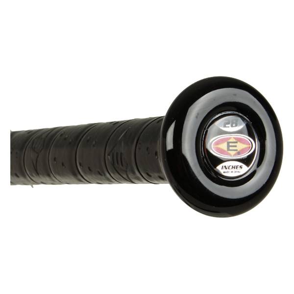 End cap view of a black baseball bat with 28 INCHES and Easton logo.
