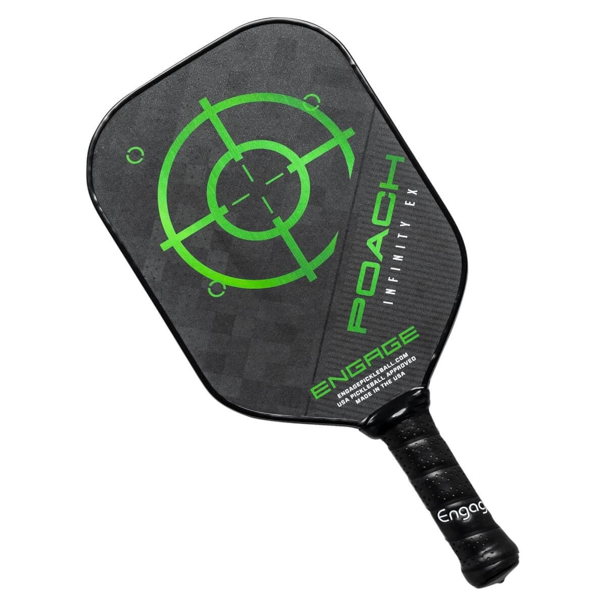 Top-down view of a black pickleball paddle with a green target, POACH INFINITY EX text, and textured grip.
