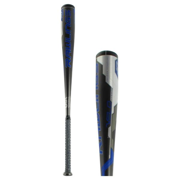 Side view of a black baseball bat with blue Rawlings branding and a gray grip.