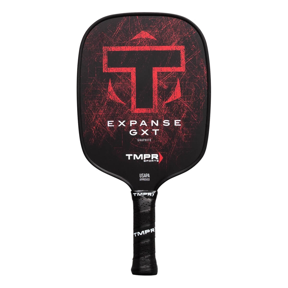 Front view of a black pickleball paddle with a red T logo, EXPANSE GXT text, and a textured grip.