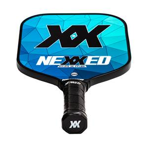 Front view of a blue pickleball paddle with a geometric pattern, XX logo, and NEXXED PRIME text.