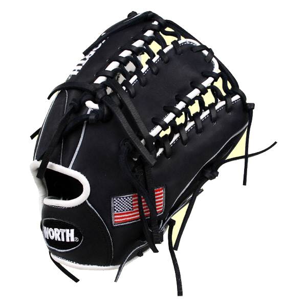 Side view of a black baseball glove with white lacing, an American flag patch, and WORTH logo.