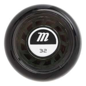 End view of a black baseball bat with a white circular logo featuring an m and the number 32.