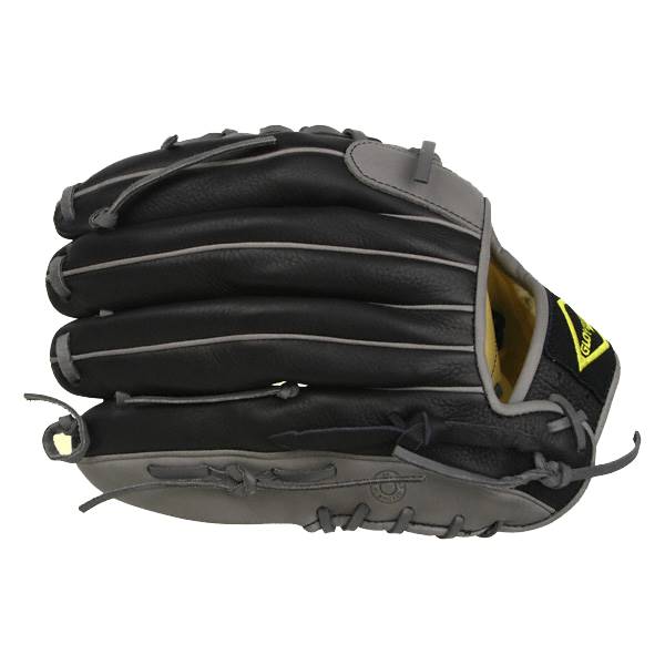 Side view of a black baseball glove with grey accents and a yellow logo patch.