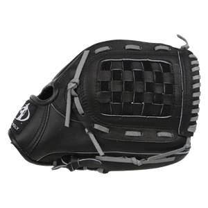 Side view of a black baseball glove with a woven pocket and gray lacing.