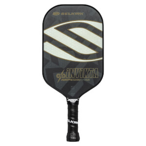 Front view of a black pickleball paddle with a white S design, INV IKTA text, and Selkirk branding.