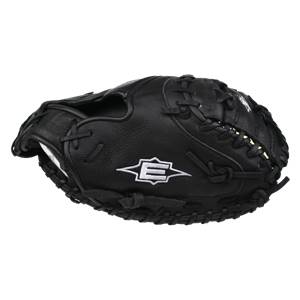 Side view of a black catchers mitt with a white Easton logo and detailed lacing.