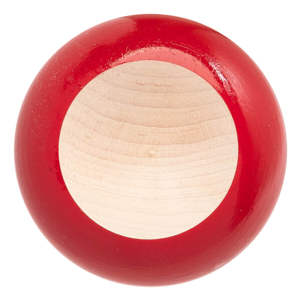 Top-down view of a red baseball bat end with a natural wood interior.