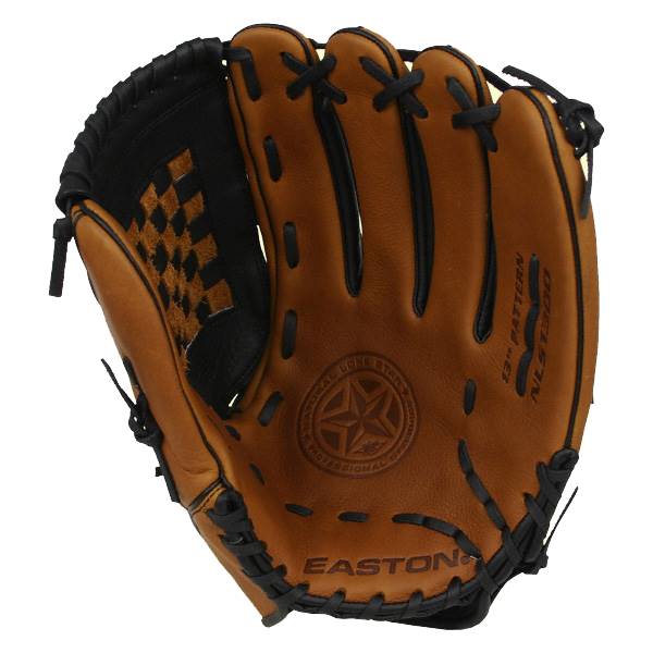 Front view of a brown baseball glove with black lacing, a checkered pattern, and EASTON text.