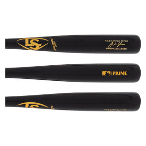 Multiple views of a black baseball bat with gold Louisville Slugger logo, Christian Yelich signature, and PRIME branding.