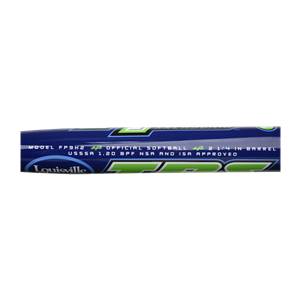 Side view of a blue Louisville Slugger softball bat with green lettering and model FP9H2.