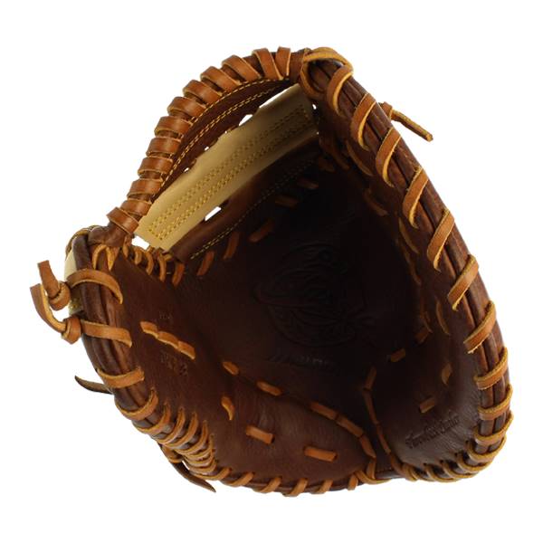 Interior view of a brown first base mitt with tan lacing and a debossed logo.