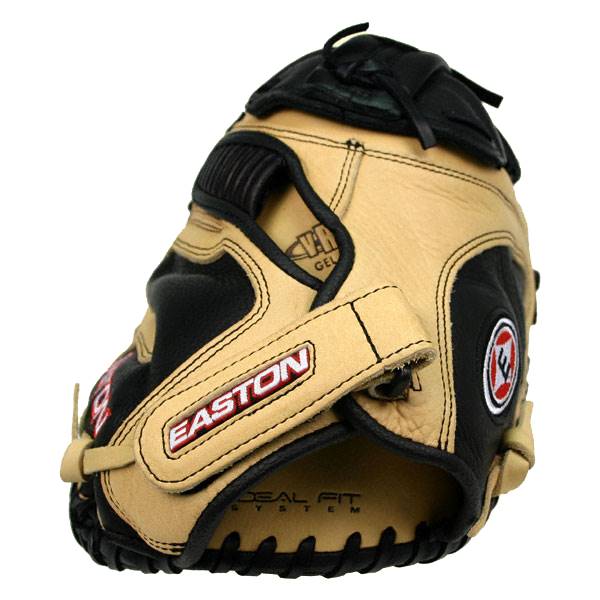 Side view of a tan and black catchers mitt with EASTON logo and GEL text.