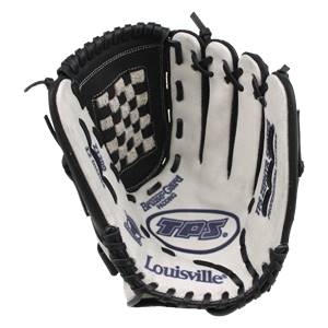 Top-down view of a white fastpitch glove with black lacing, a checkered palm, and Louisville branding.