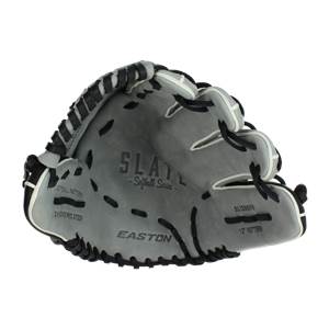 Top-down view of a gray Easton softball glove with black lacing and SLATE branding.